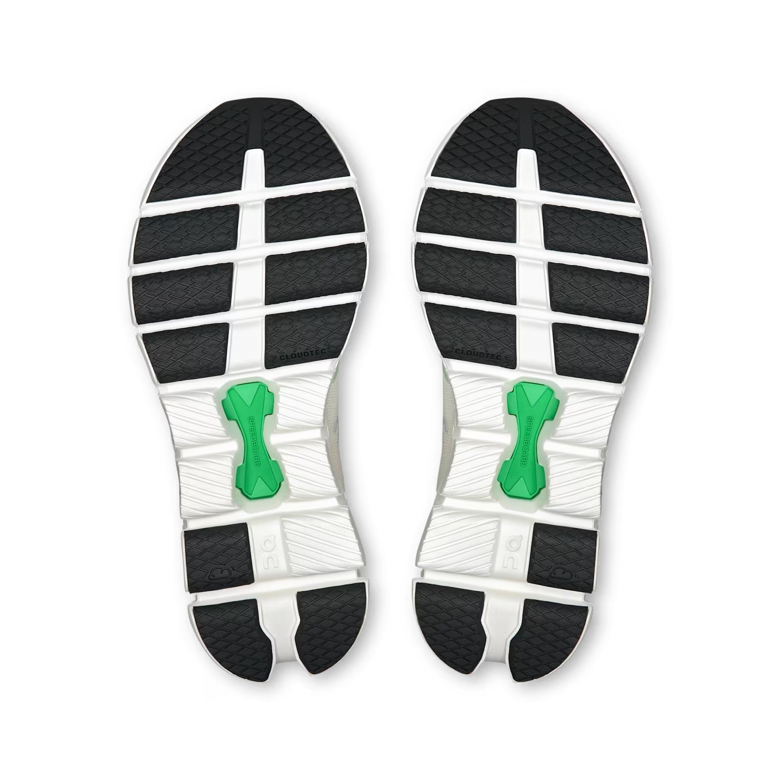 On Cloud X 4 running shoe soles showing white base with green heel pods