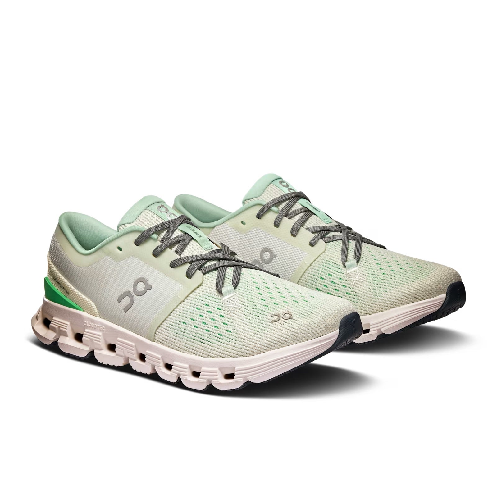 On Cloud X 4 women's running shoes in aloe green and honeydew colorway