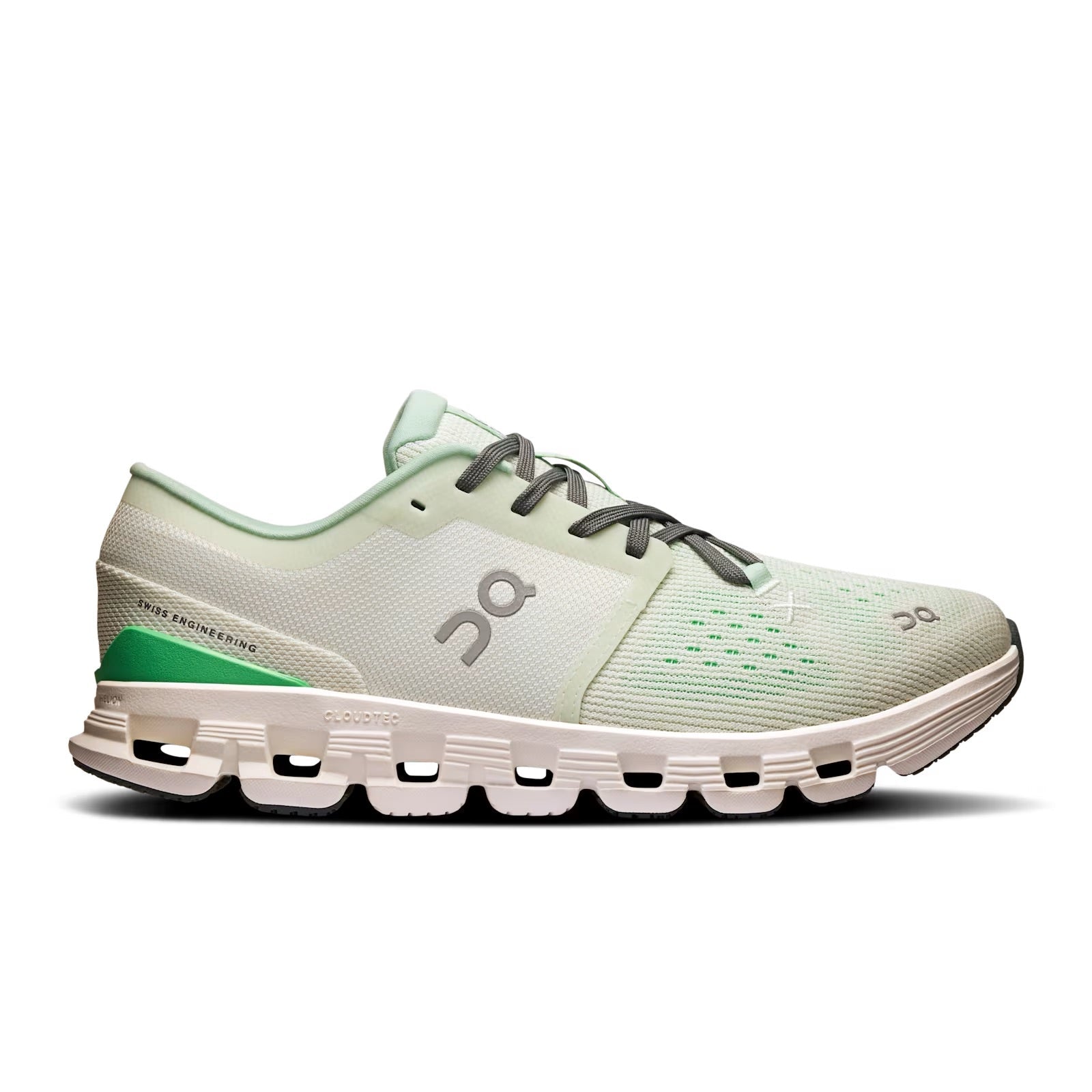 On Cloud X 4 women's running shoe in aloe/honeydew colorway with distinctive cloud sole