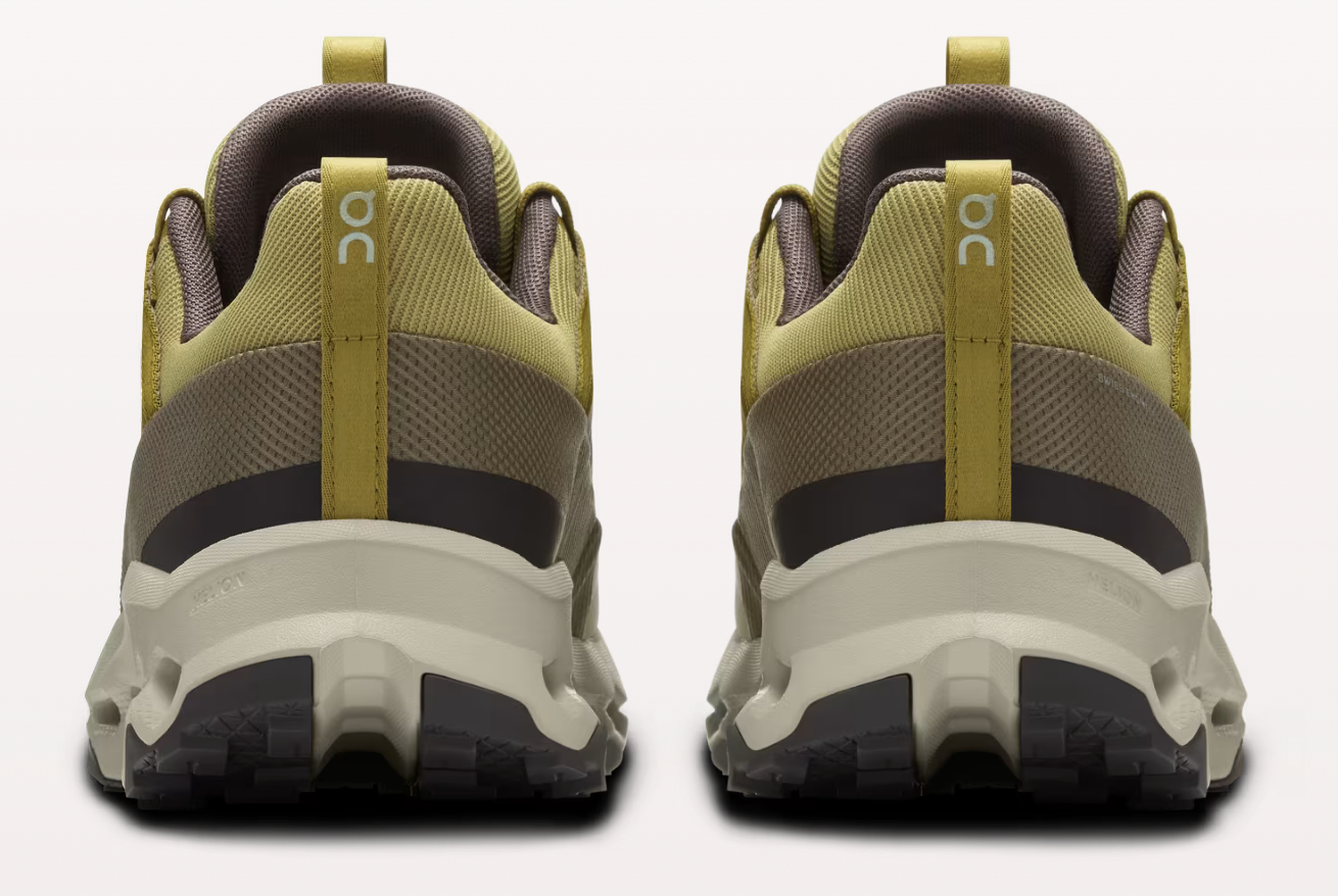 On Cloudhorizon men's running shoes in safari olive and ice colorway, rear view