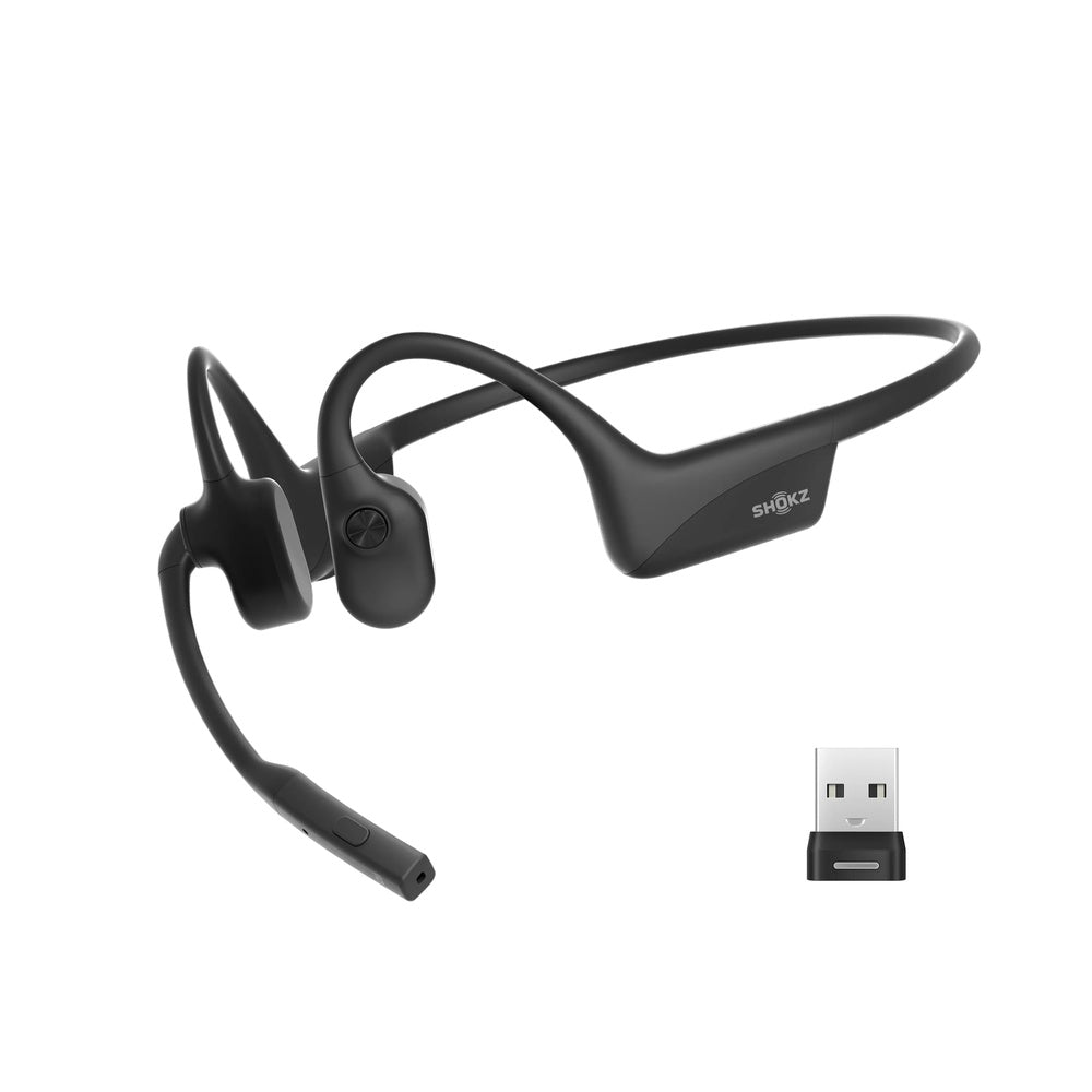 Black Shokz OpenComm 2UC bone conduction headset with USB-C dongle on white background