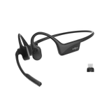 Black Shokz OpenComm 2UC bone conduction headset with USB-C dongle on white background