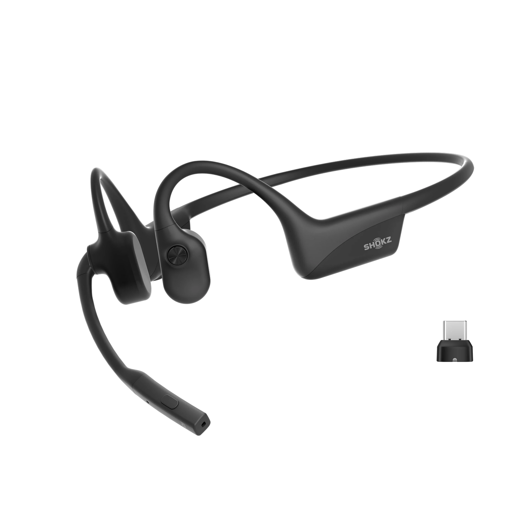 Black Shokz OpenComm 2UC bone conduction headset with USB-C dongle on white background