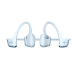 Shokz bone conduction headphones in light blue with wraparound design on white background