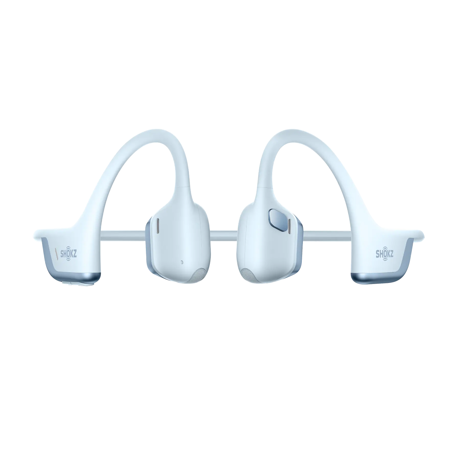 Shokz bone conduction headphones in light blue with wraparound design on white background