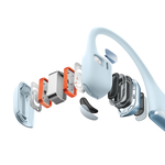 Exploded view of Shokz OpenRun PRO 2 Mini Blue bone conduction headphones showing internal components