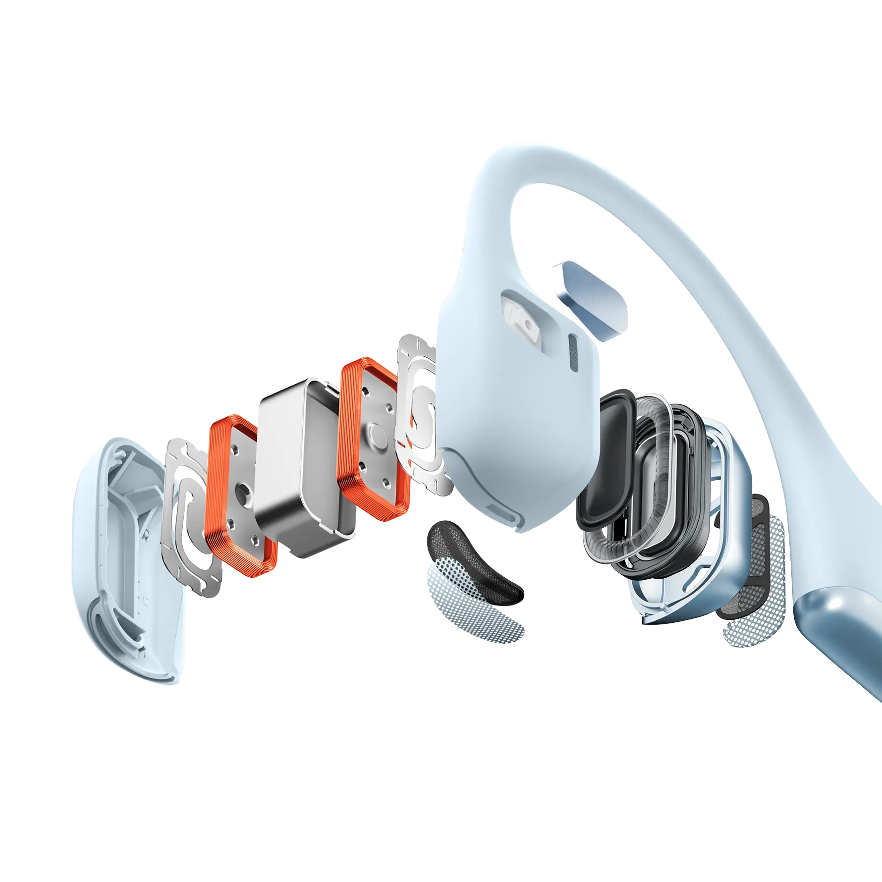 Exploded view of Shokz OpenRun Pro 2 bone conduction headphones showing internal components