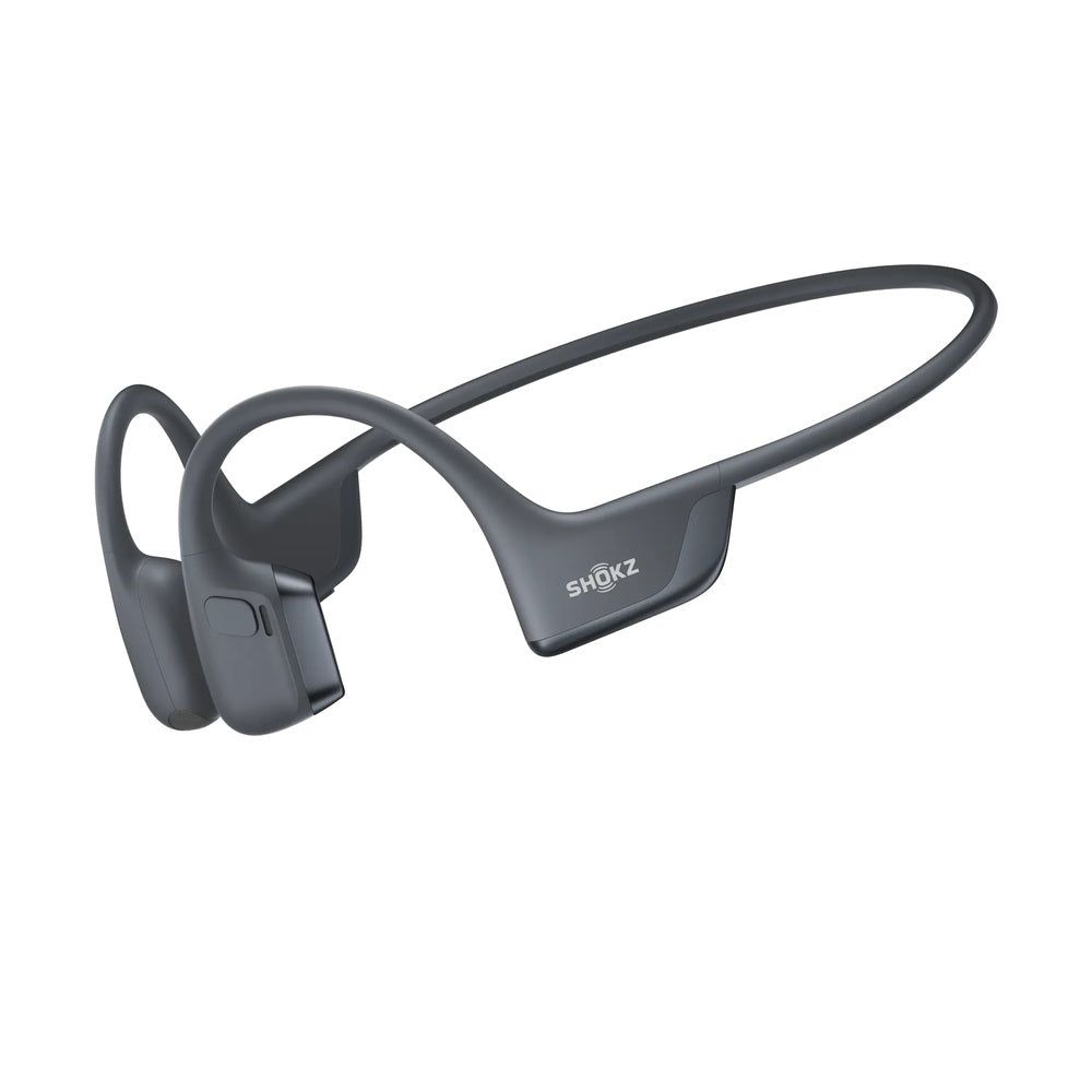 Shokz bone conduction headphones in gray with wraparound design and Shokz branding