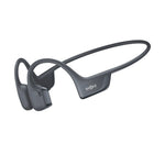 Shokz bone conduction headphones in gray with wraparound design and Shokz branding