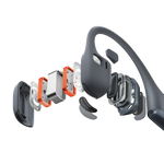Exploded view of Shokz bone conduction headphones showing internal components and assembly