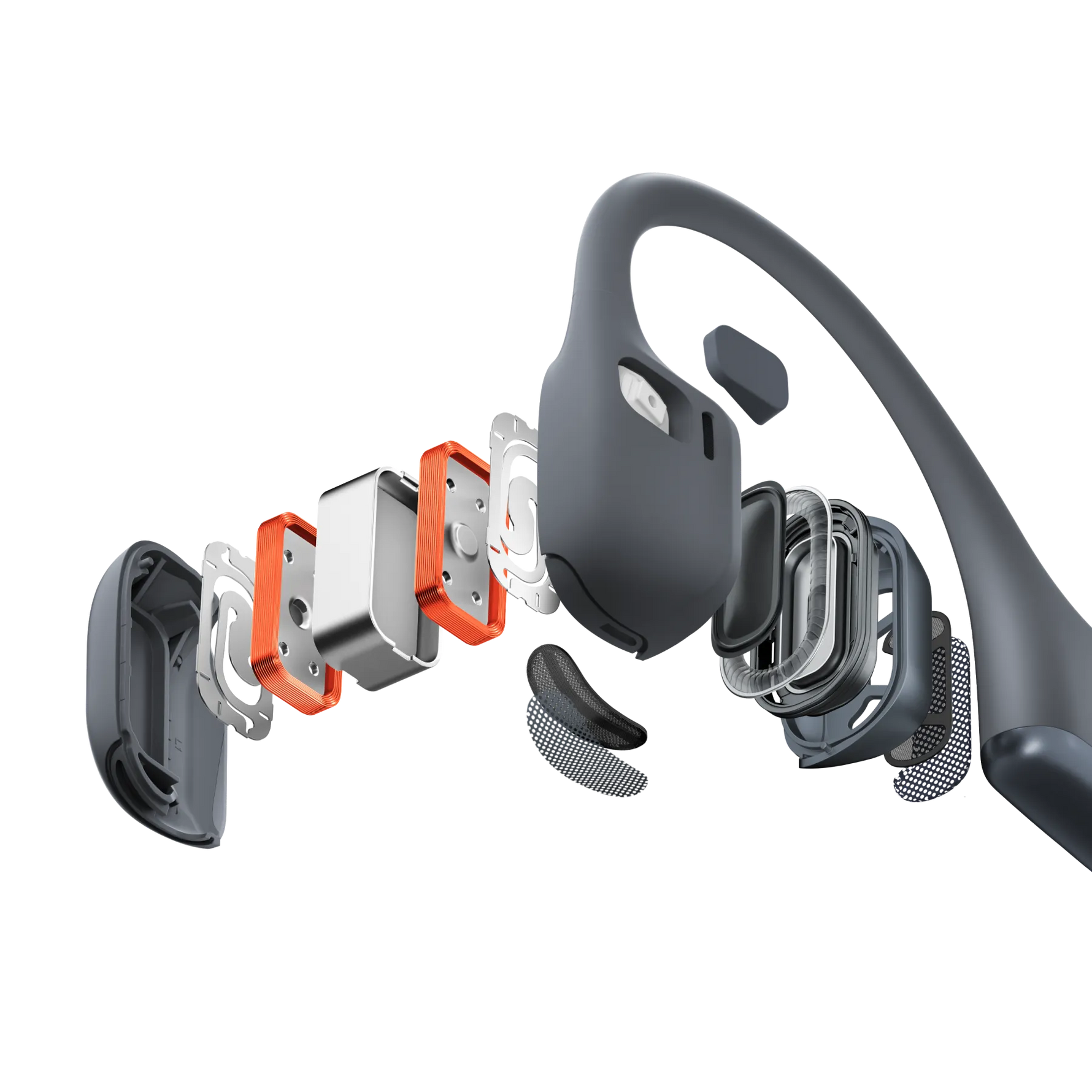 Exploded view of Shokz bone conduction headphones showing internal components and assembly