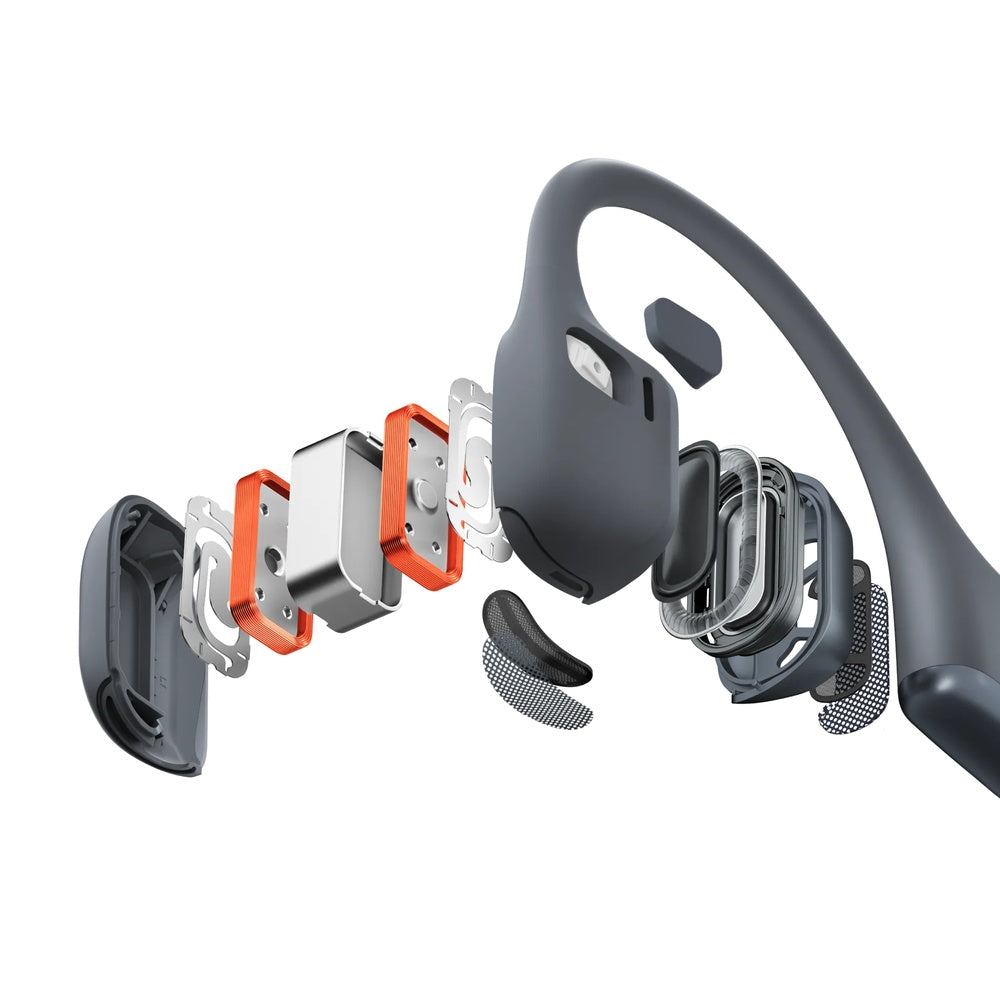 Shokz OpenRun Pro 2 bone conduction headphones exploded view showing internal components