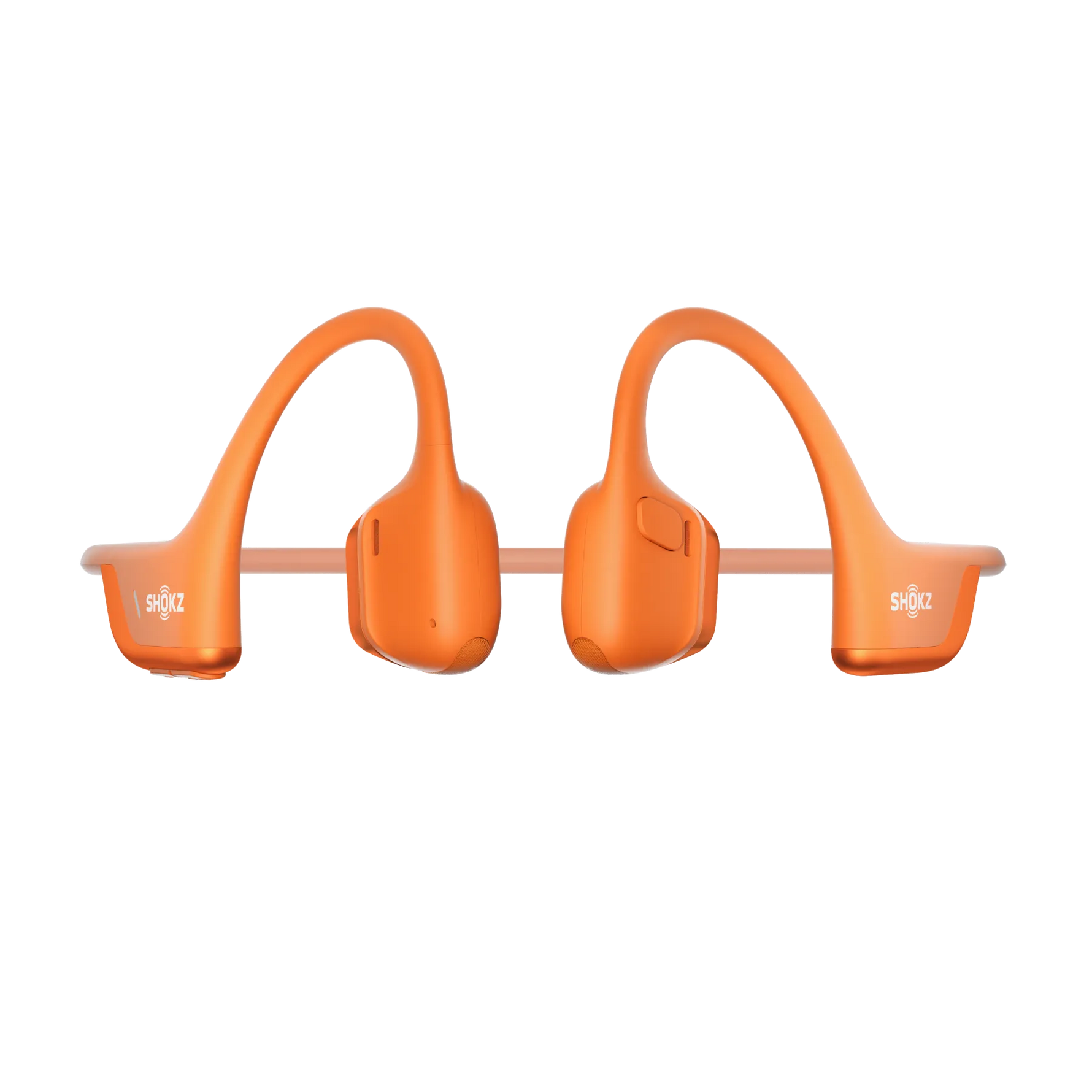Orange Shokz bone conduction headphones with wraparound design on clean white background