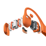 Exploded view of orange Shokz OpenRun Pro 2 bone conduction headphones showing internal components