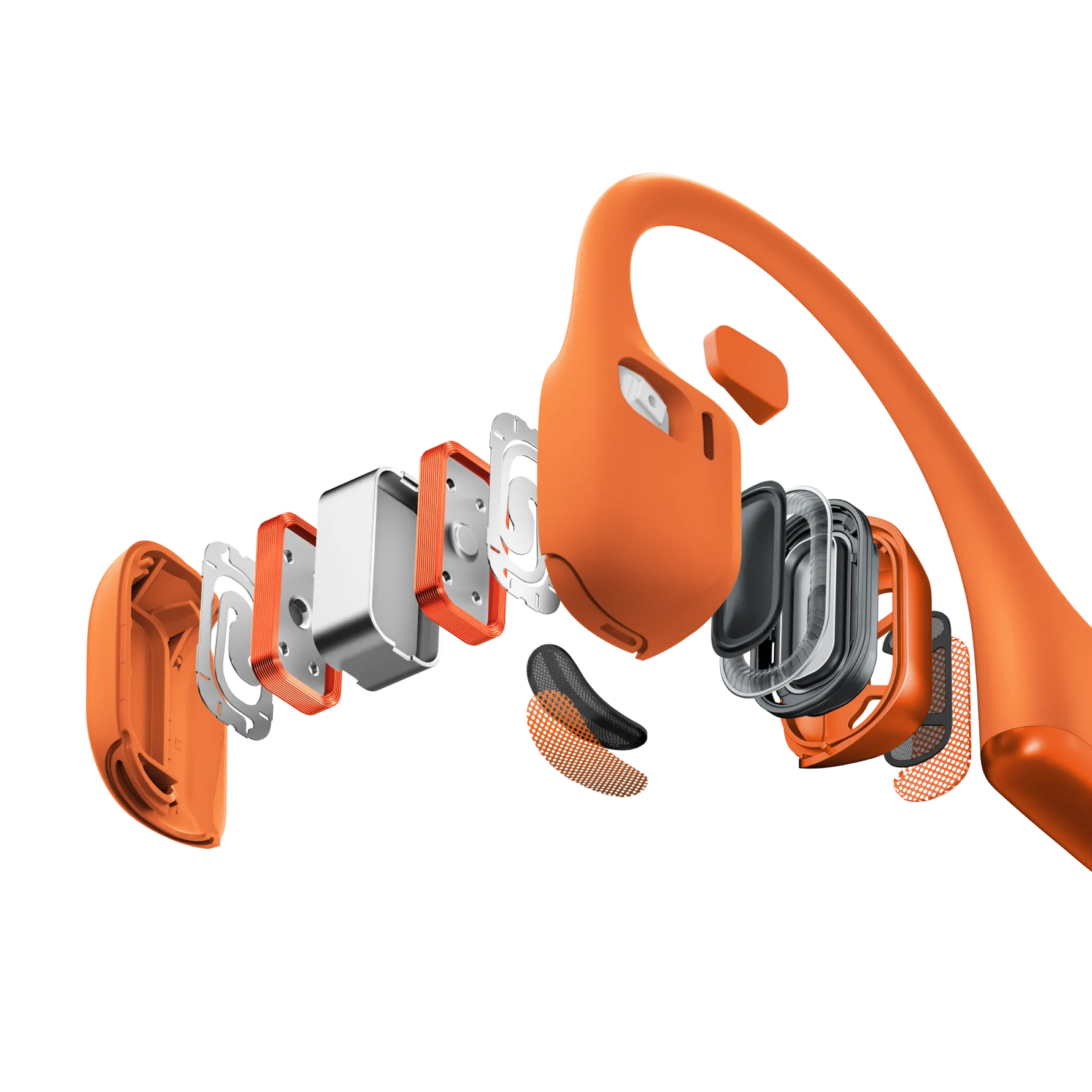 Exploded view of orange Shokz OpenRun Pro 2 bone conduction headphones showing internal components