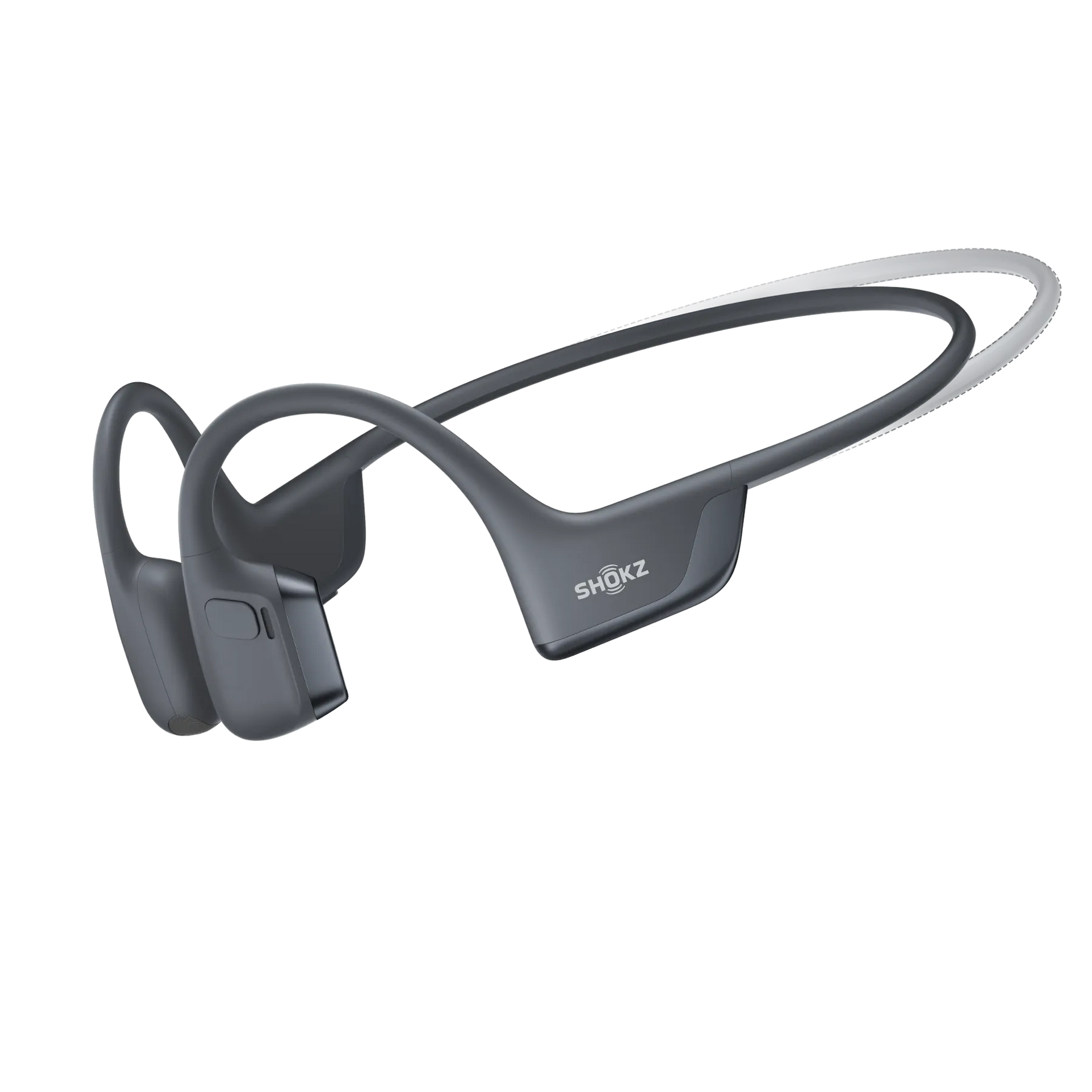 Gray Shokz bone conduction headphones with wraparound design on white background