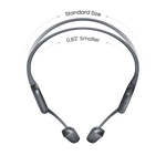 Shokz OpenRun Pro 2 bone conduction headphones in silver with size comparison diagram