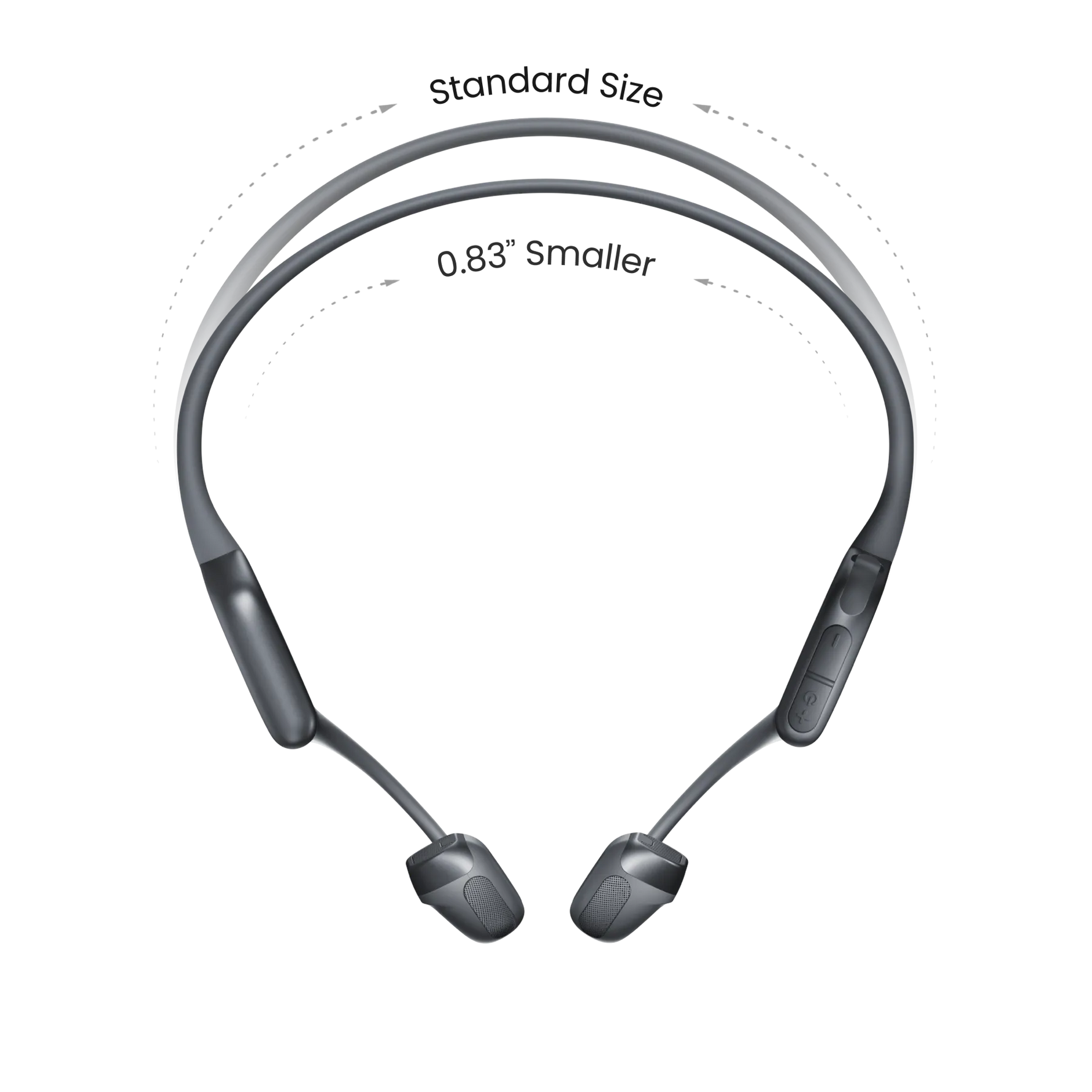 Shokz OpenRun Pro 2 bone conduction headphones in silver with size comparison diagram