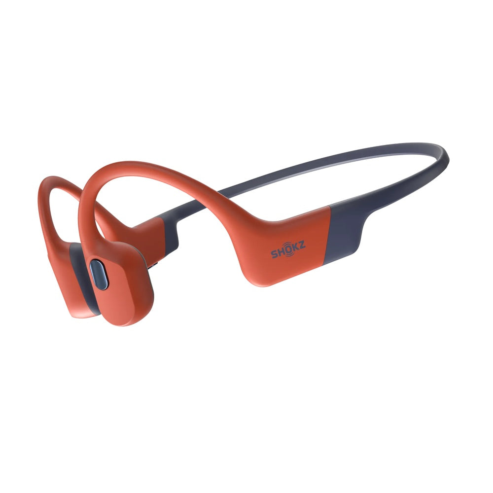 Shokz OpenSwim Pro bone conduction headphones in red and navy blue colorway