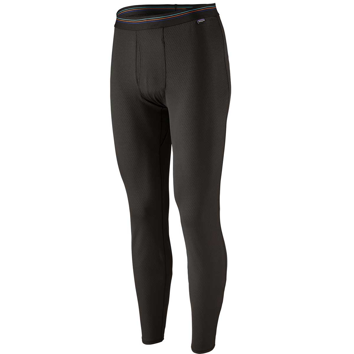 Patagonia Capilene Midweight Bottoms in black showing textured fabric and colorful waistband trim