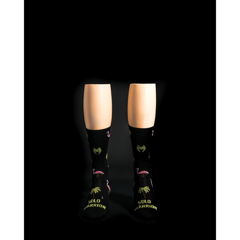Black Solo Warrior socks with pink flamingo and green palm tree pattern on legs