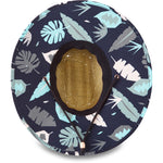 Dakine Pindo straw hat with navy tropical leaf pattern brim and natural woven crown