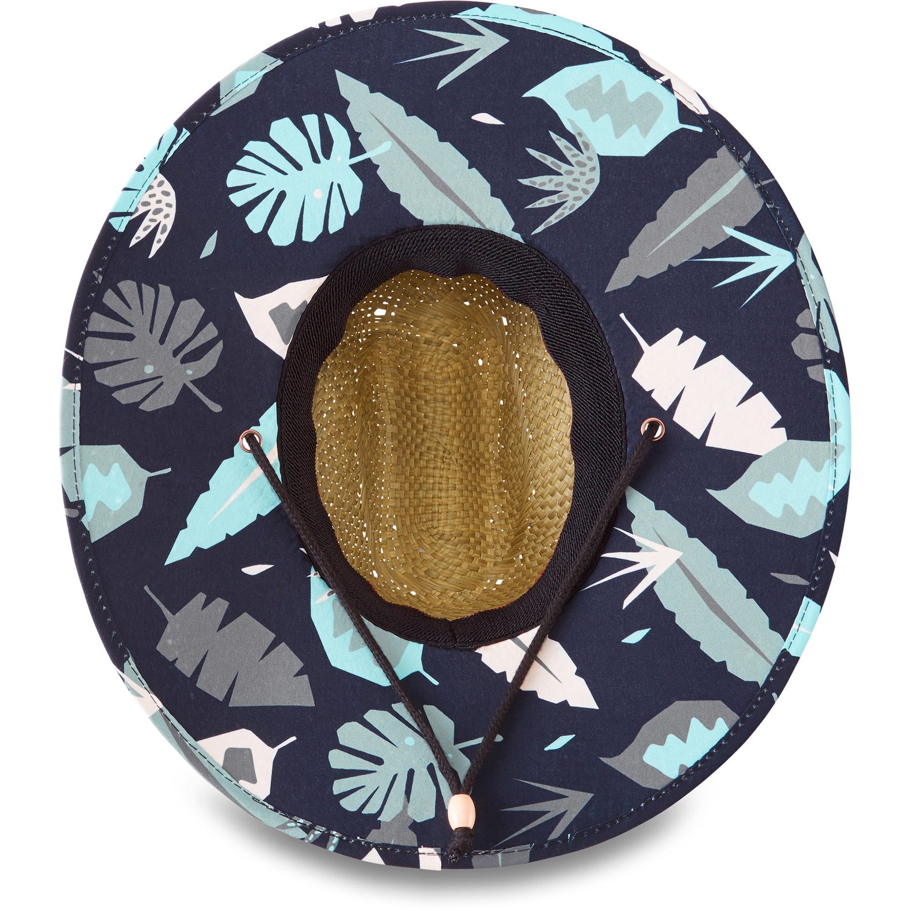 Dakine Pindo straw hat with navy tropical leaf pattern brim and natural woven crown