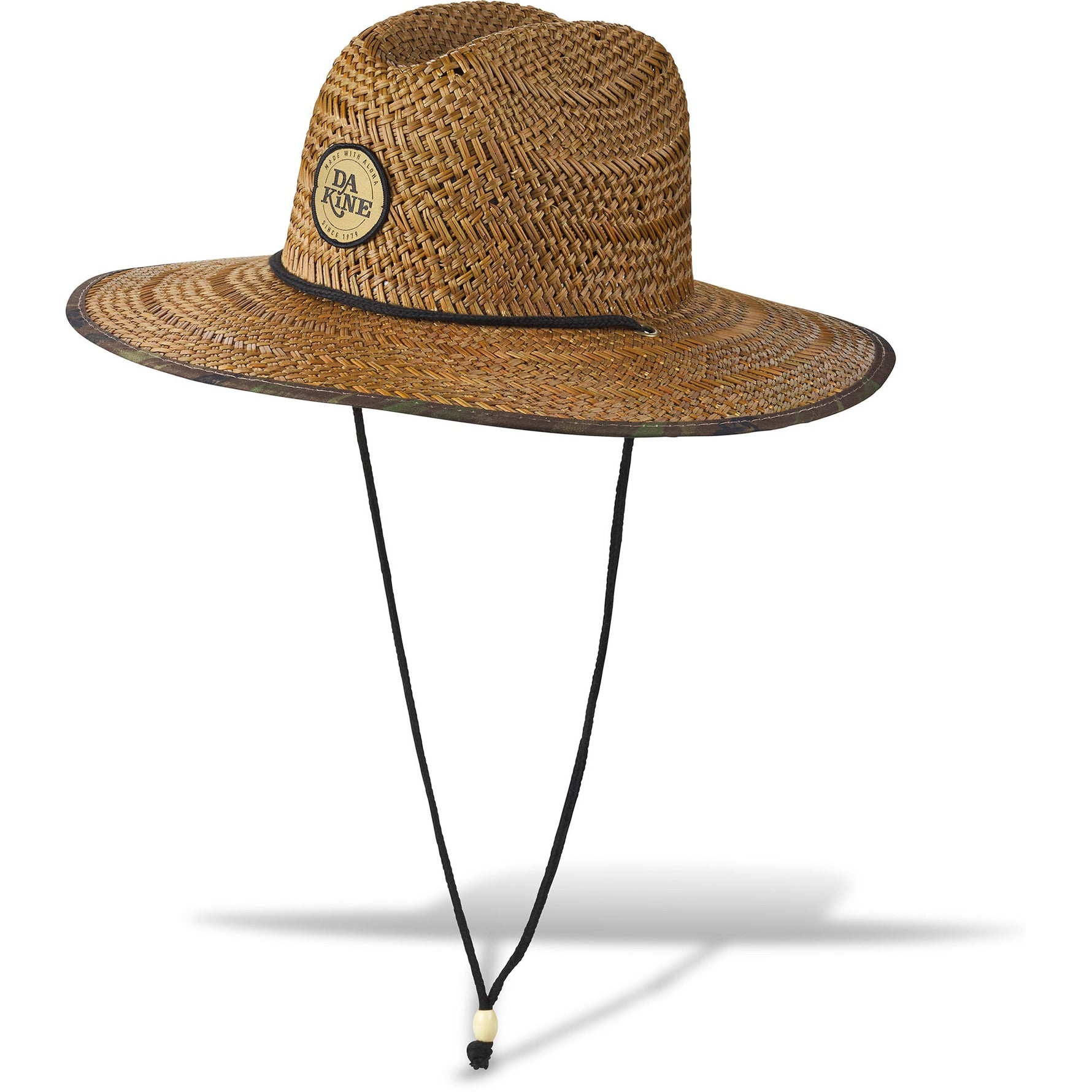 Dakine Pindo straw hat in natural brown with black chin strap and logo patch