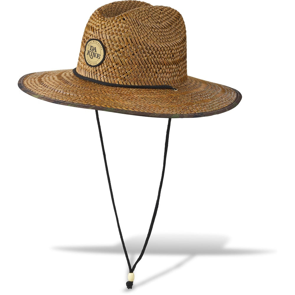 Dakine Pindo straw hat with camo brim trim, chin cord, and logo patch