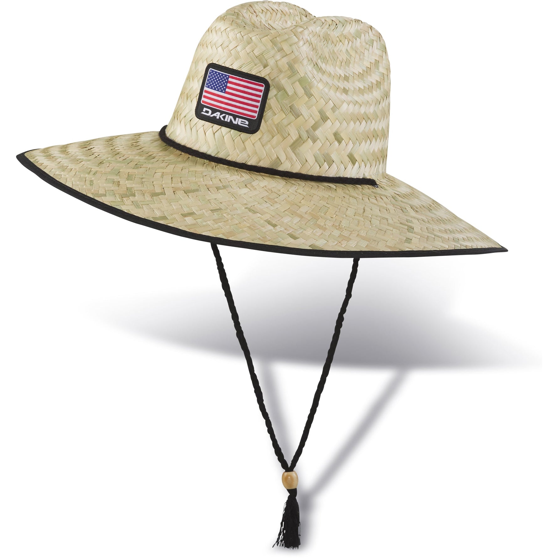 Dakine Pindo straw hat with American flag patch and chin strap on white background