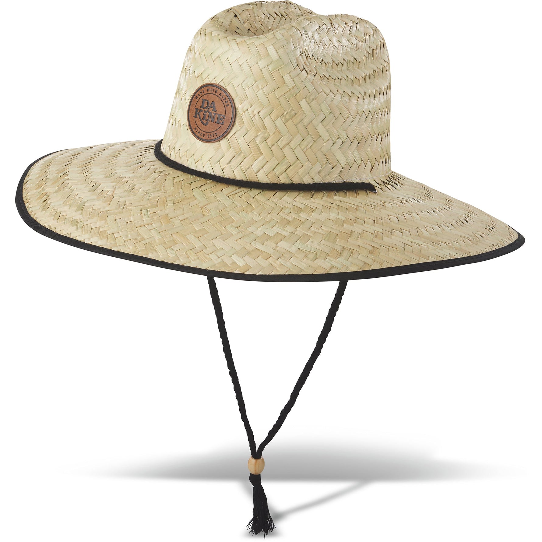 Dakine Pindo straw hat with wide brim, black chin strap and leather patch logo