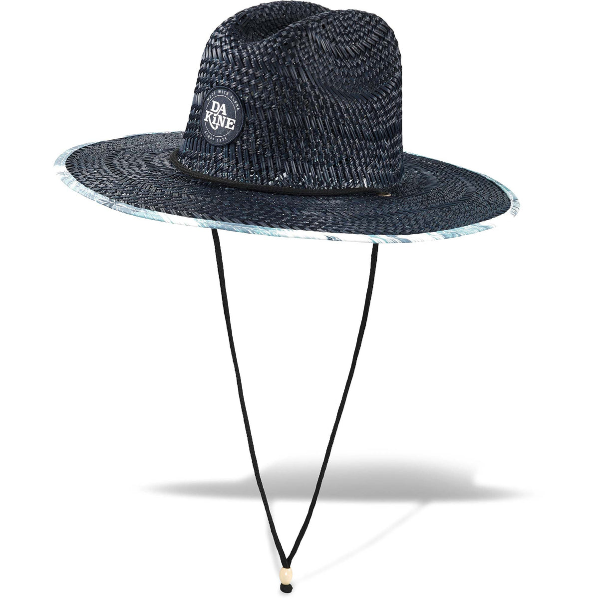 Dakine Pindo straw sun hat in black aloha camo with wide brim and chin strap