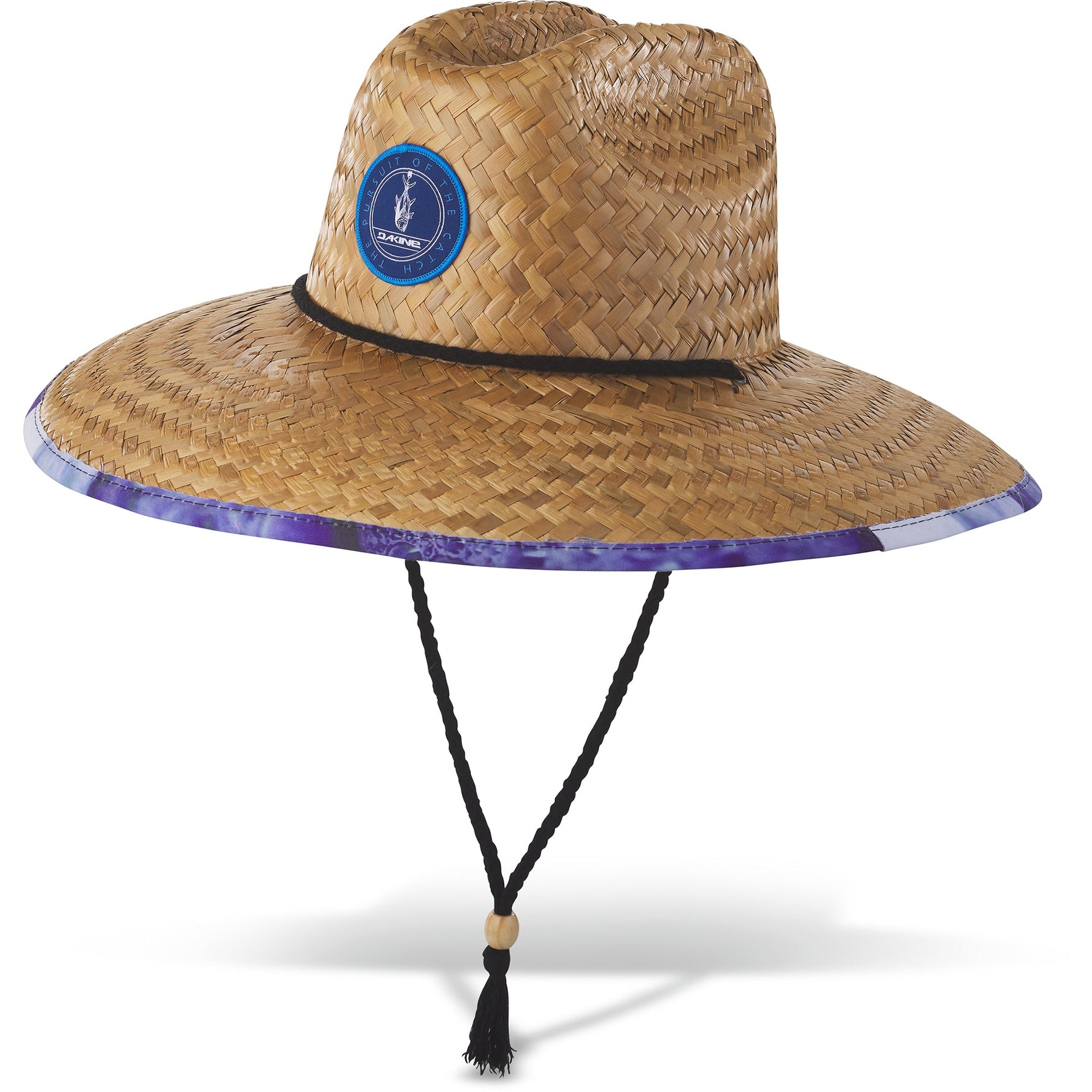 Dakine Pindo straw hat with purple floral brim and chin strap