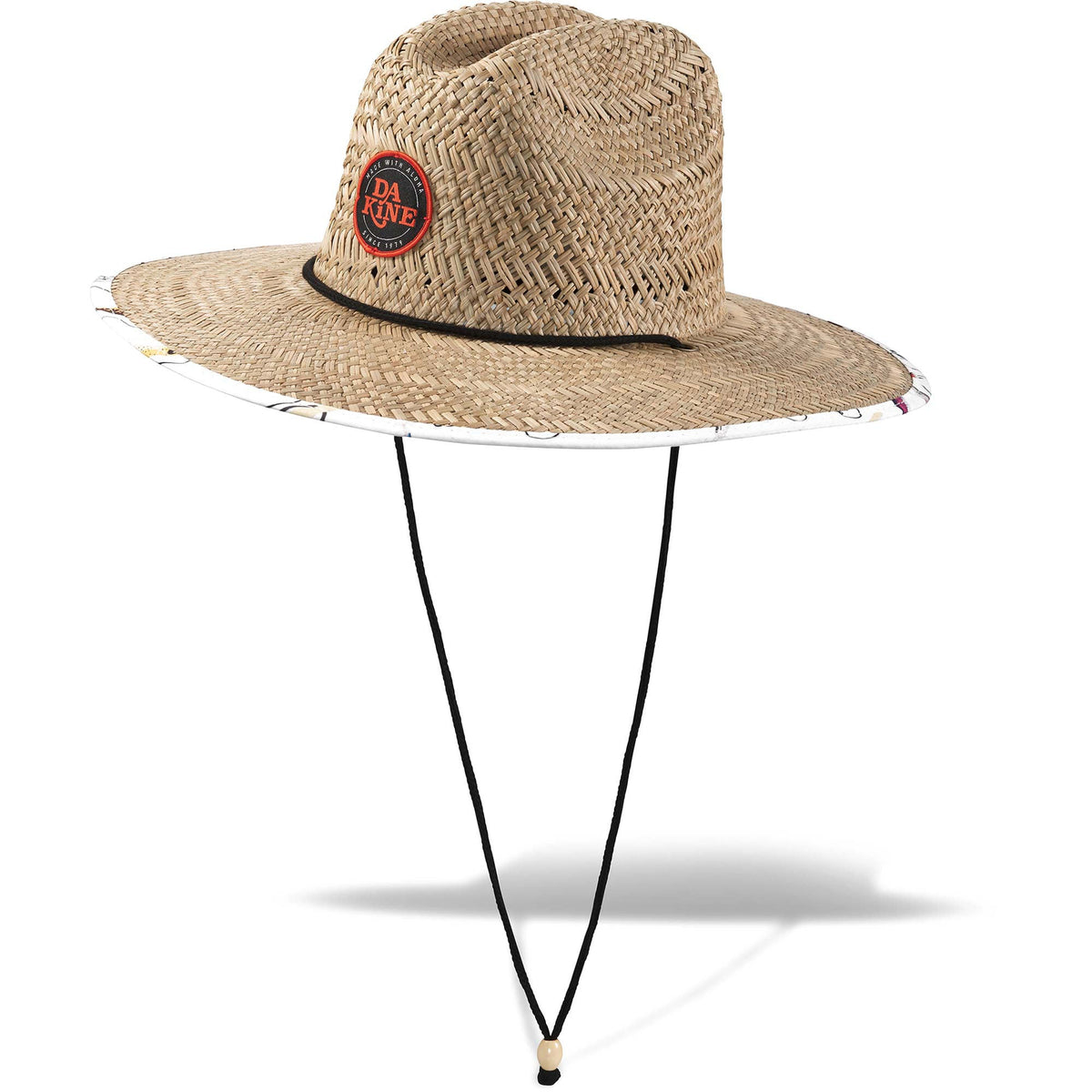 Dakine Pindo straw hat with red logo patch, chin cord, and floral aloha camo brim lining