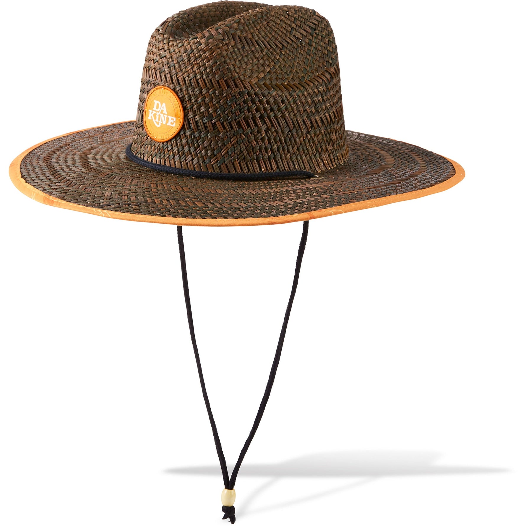 Dakine Pindo straw hat with brown woven pattern, orange trim and chin strap