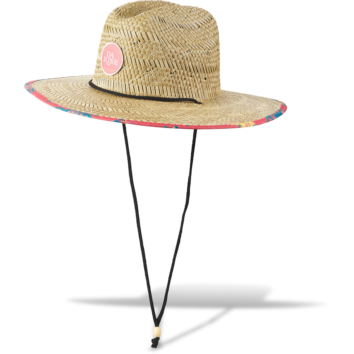 Dakine Pindo straw sun hat with coral tropical print brim and chin cord