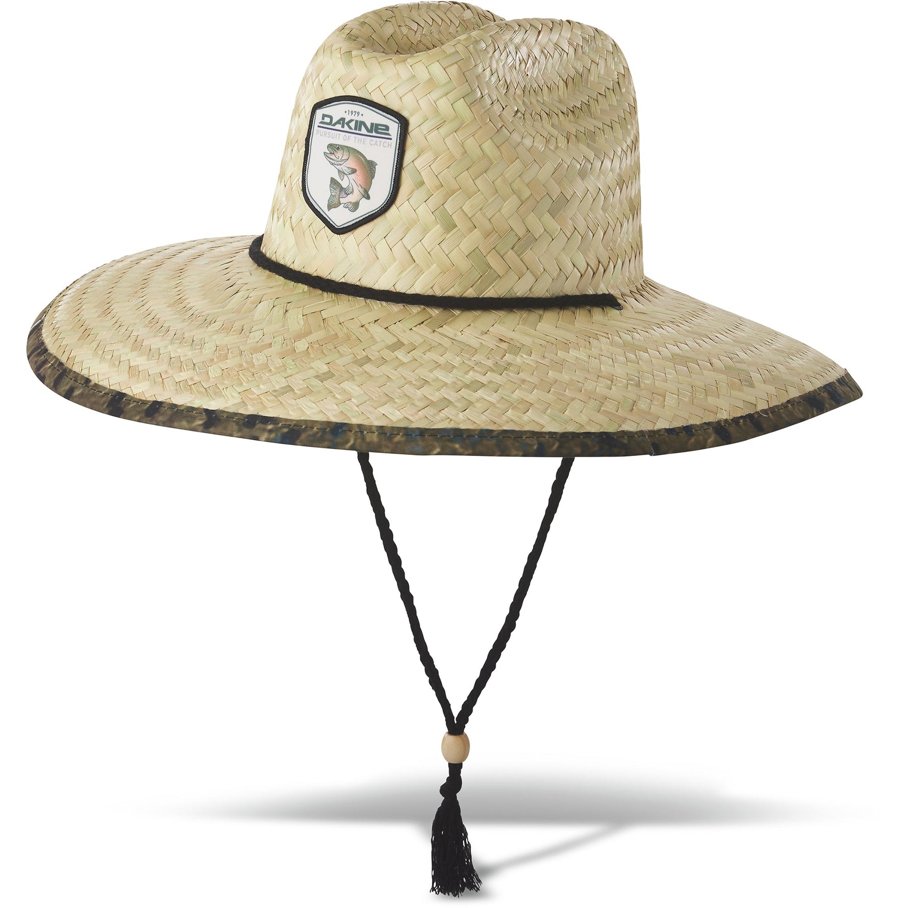 Dakine Pindo straw hat with wide brim, chin strap, and fish patch detail