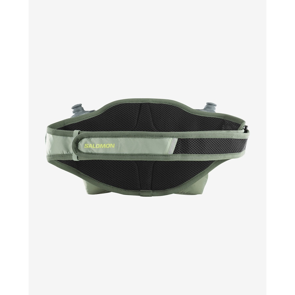 Salomon CROSS running belt in green with mesh back panel and water bottle holders