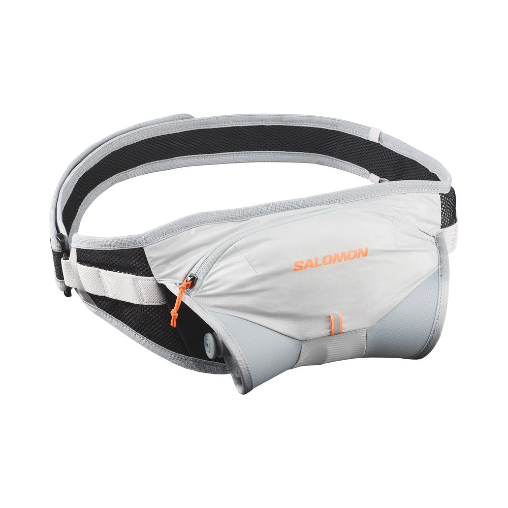 Salomon running belt with water bottle holder in light gray with orange accents