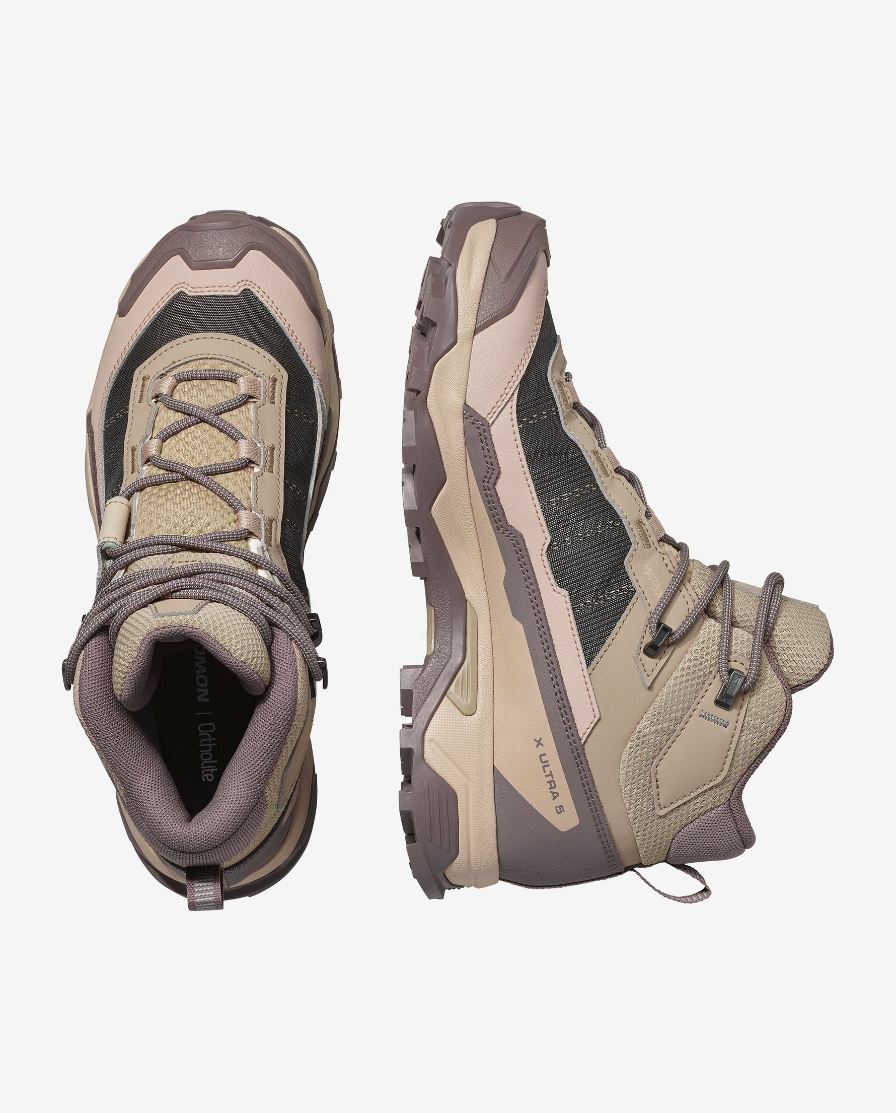 Salomon X ULTRA 5 MID GTX women's hiking boots in beige and brown colorway