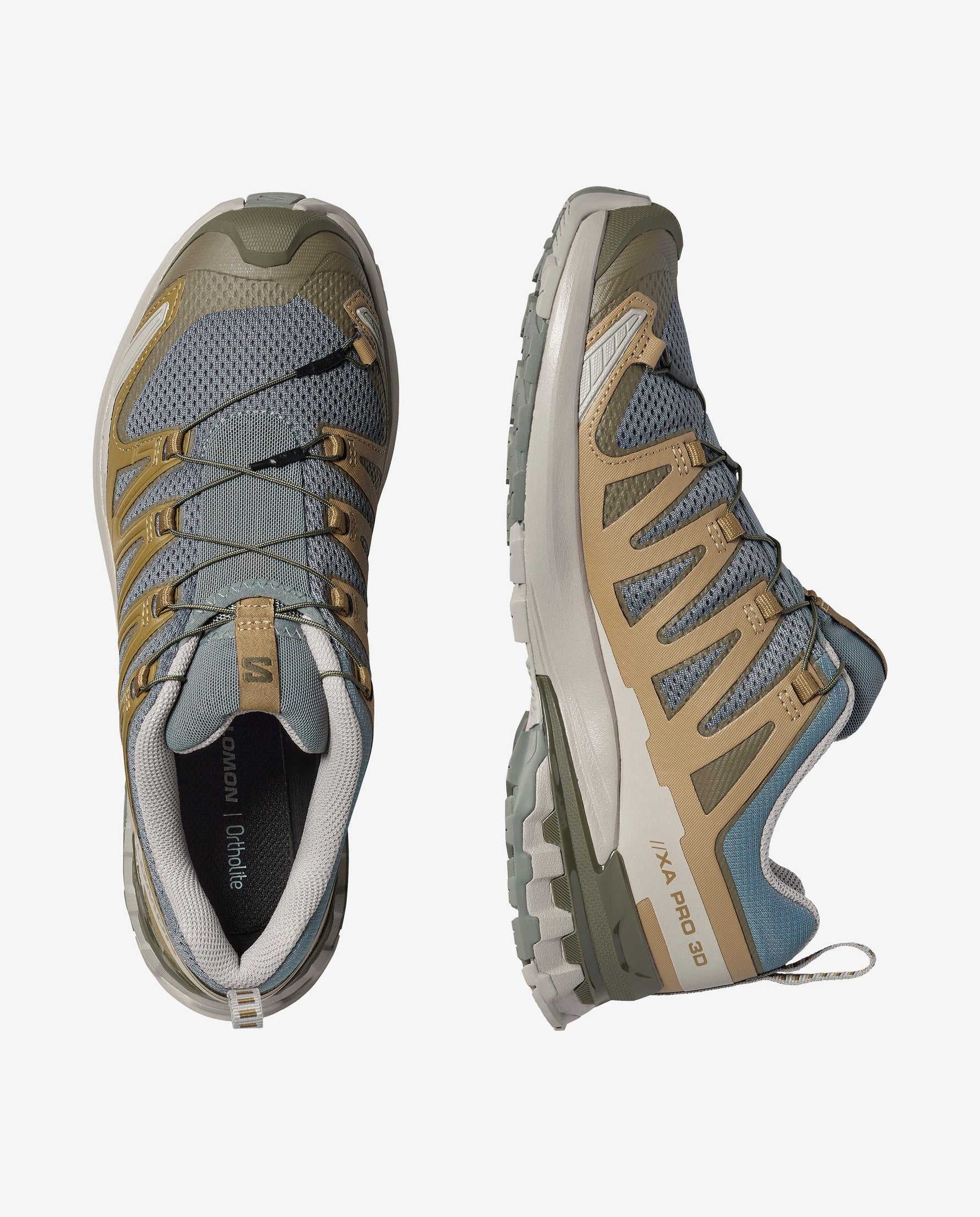 Salomon XA Pro 3D men's trail running shoes in gray, blue and tan colorway