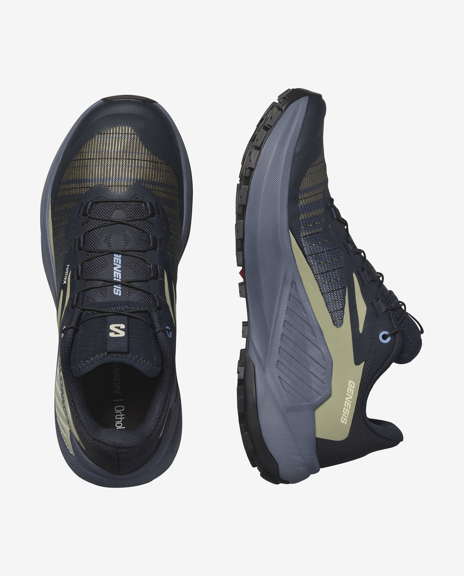 Salomon Genesis women's trail running shoes in navy blue with olive accents
