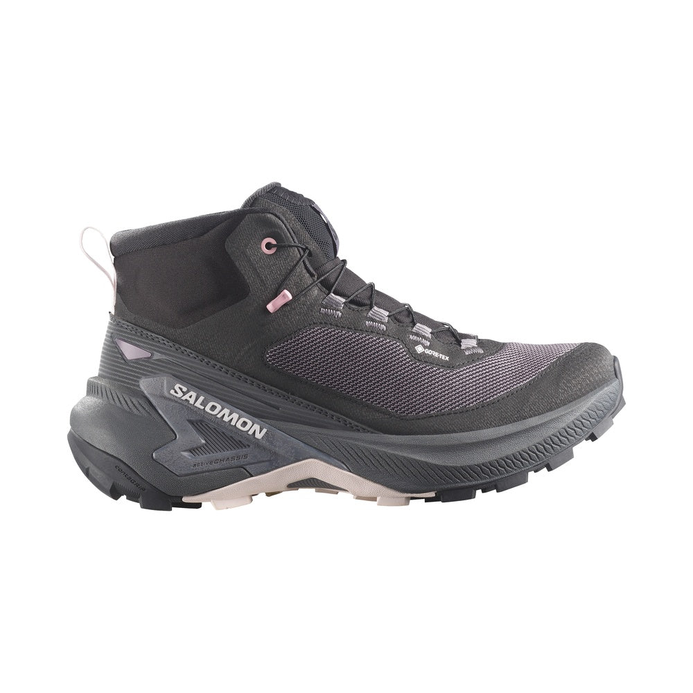 Salomon Genesis MID GTX hiking boot in black with pink accents, lateral view
