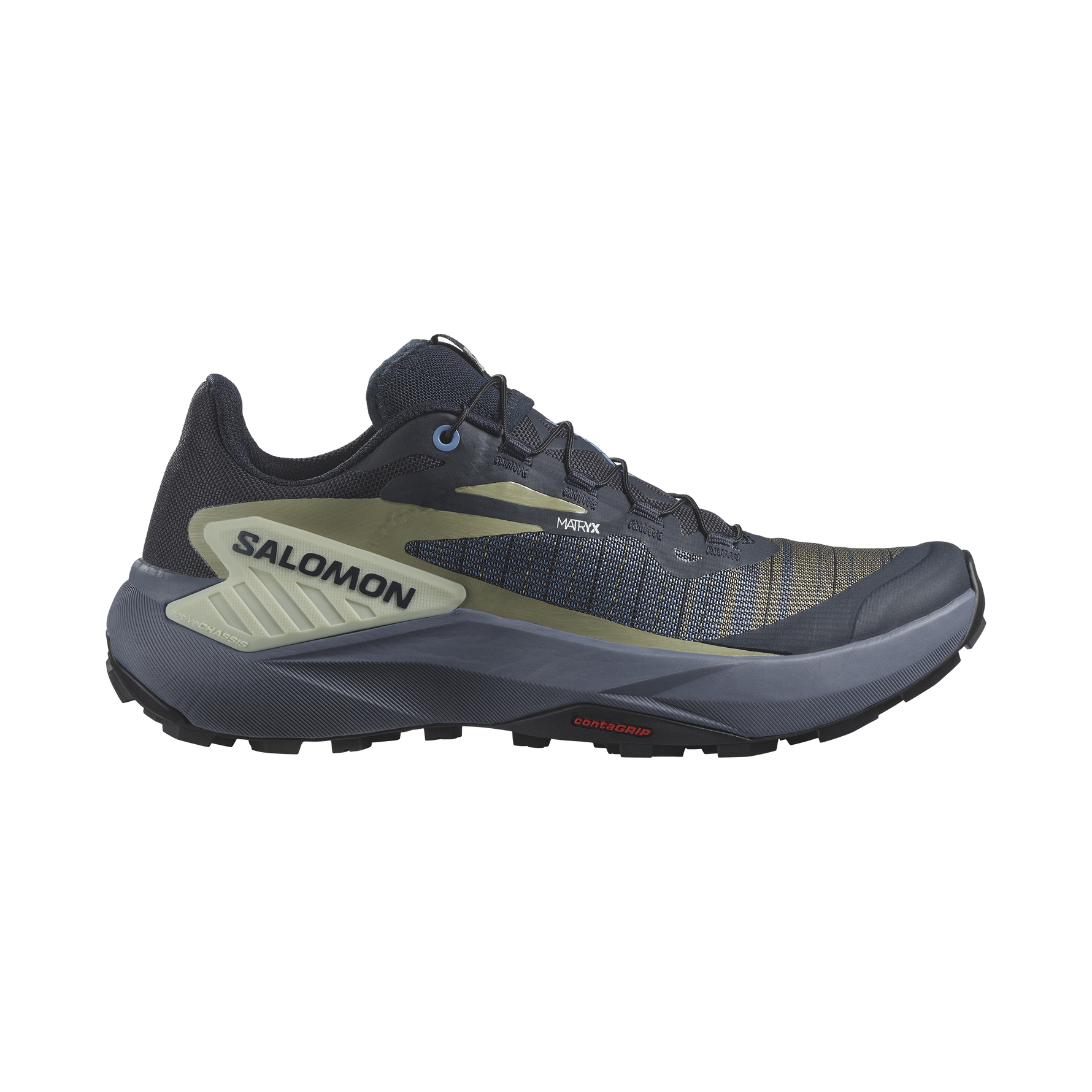 Salomon Genesis women's trail running shoe in dark gray and olive colorway