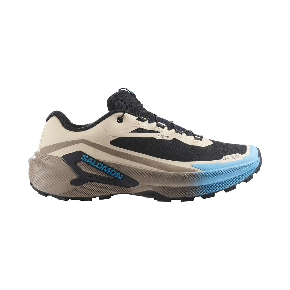 Salomon Genesis 2 GTX trail running shoe in sand, black, and blue colorway, lateral view