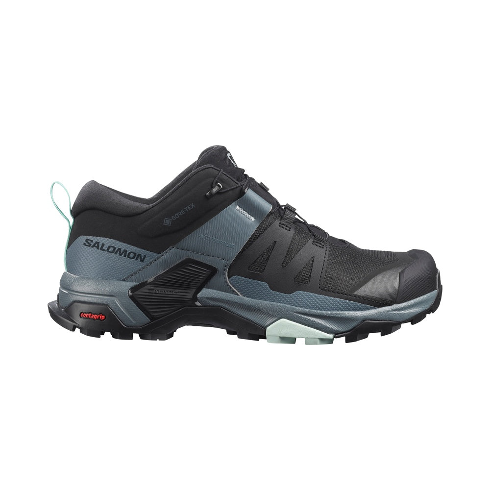 Salomon X Ultra 4 GTX women's hiking shoe in black and stormy weather colorway