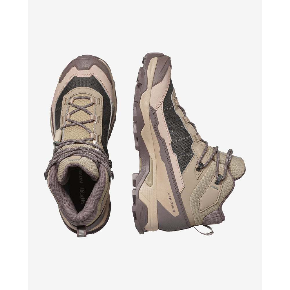 Salomon X Ultra 5 Mid GTX women's hiking boots in beige brown colorway