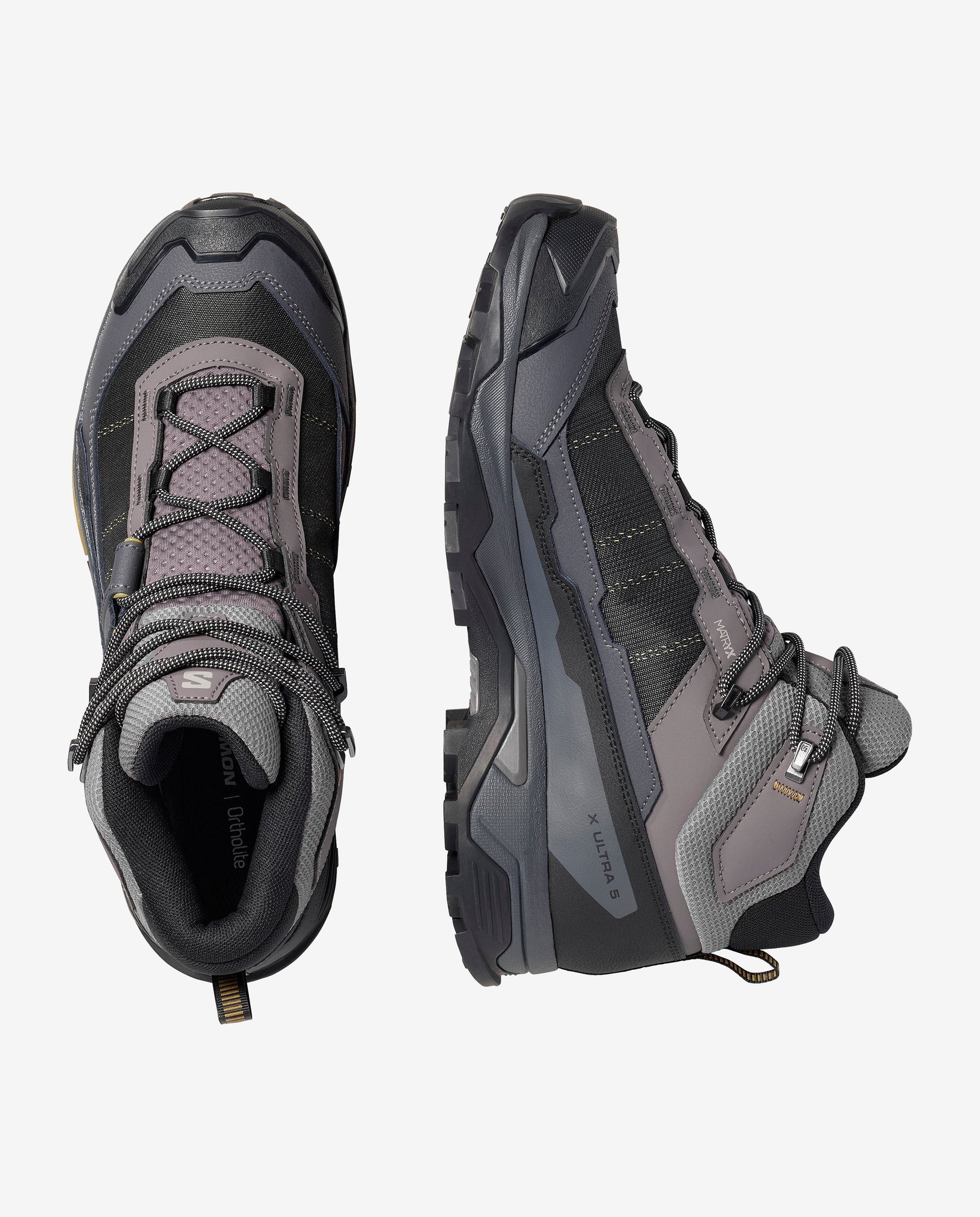 Salomon X ULTRA 5 MID GTX hiking boots in grey colorway, studio shot