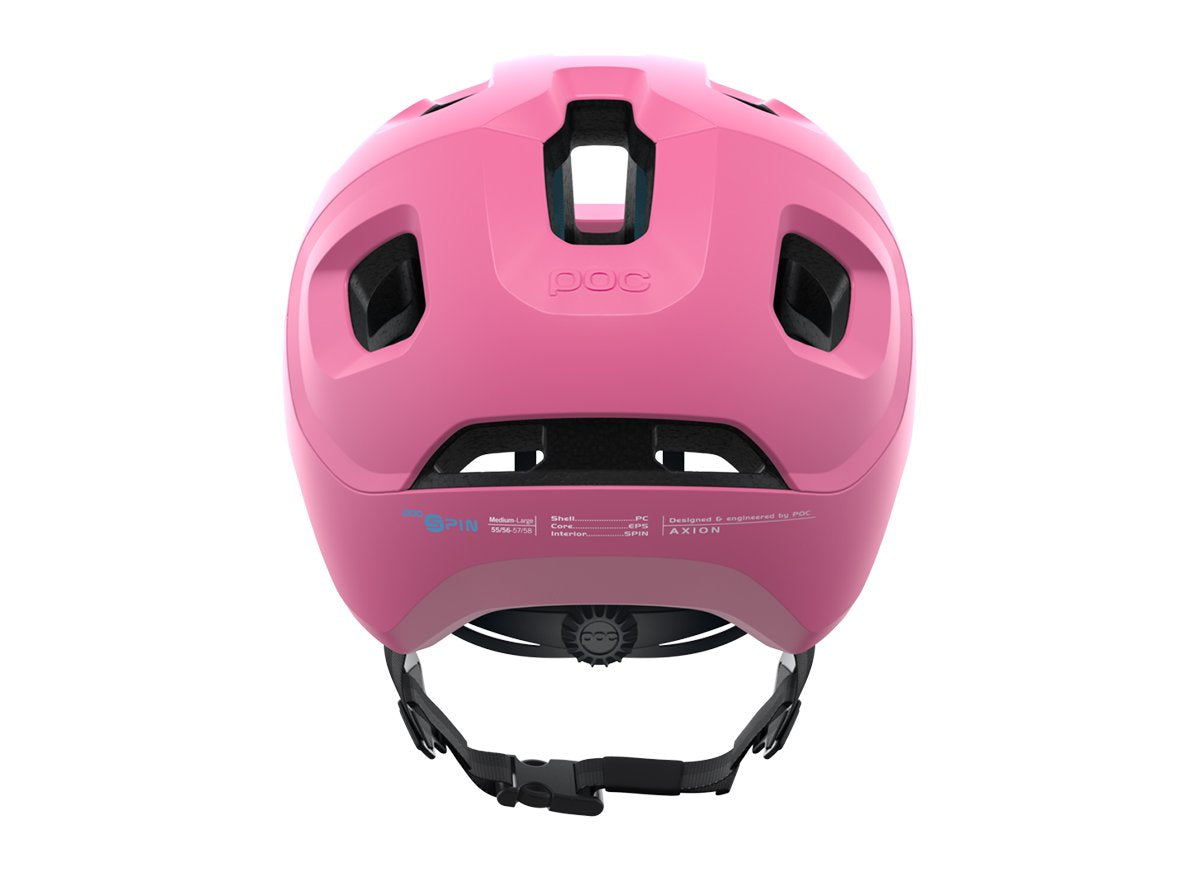POC Axion Spin helmet in Actinium Pink Matt, rear view showing ventilation and branding