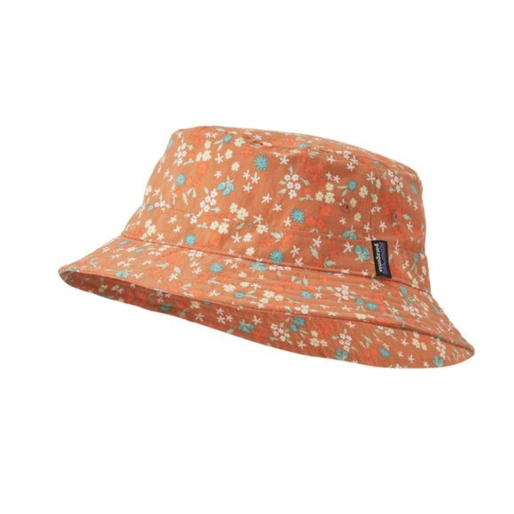 Patagonia Wavefarer bucket hat in orange with white and blue floral print